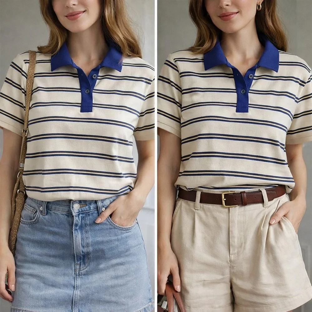BDG Striped Polo Button-Down Shirt in Cream and Blue